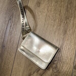 Versace Parfums Gold Leather Wristlet‎ Micro Bag With Strap Magnetic Clasp